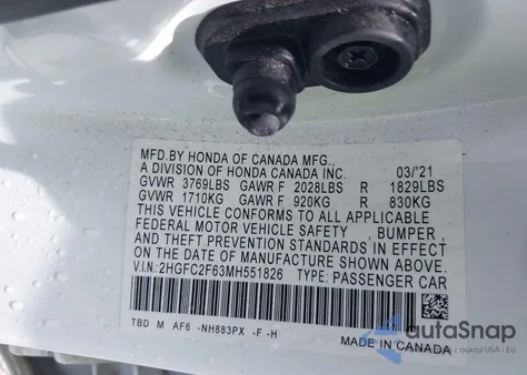 2021 Honda Civic Lx z USA, uszkodzony, nr VIN 2HGFC2F63MH551826